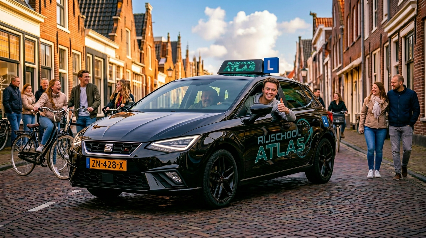 Atlas Verkeersopleidingen lesauto op straat in Zwolle